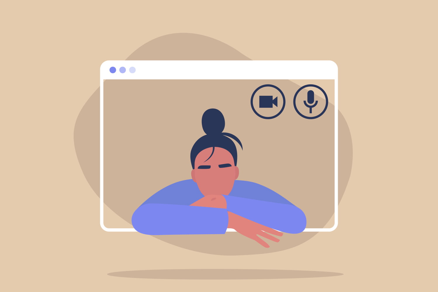 Young female character using a video call interface, remote online meeting, social distancing, working from home