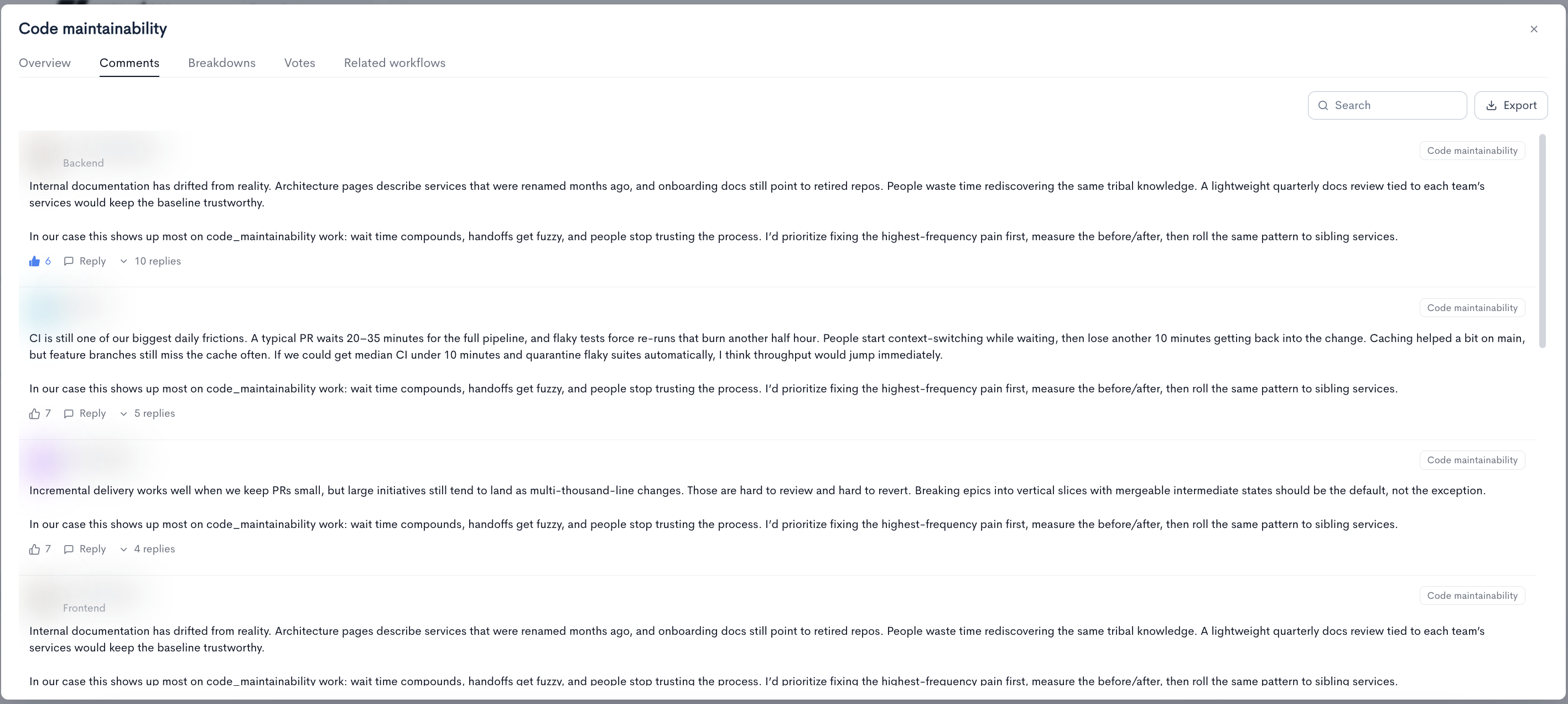 The comments view in Waydev Snapshots with each comment showing the author's team, driver tag, likes, and threaded replies