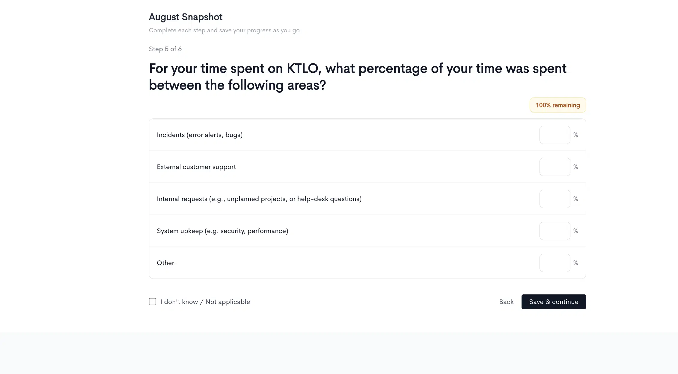 A nested allocation question in the Snapshot survey breaking KTLO time down into incidents, external customer support, internal requests, system upkeep, and other