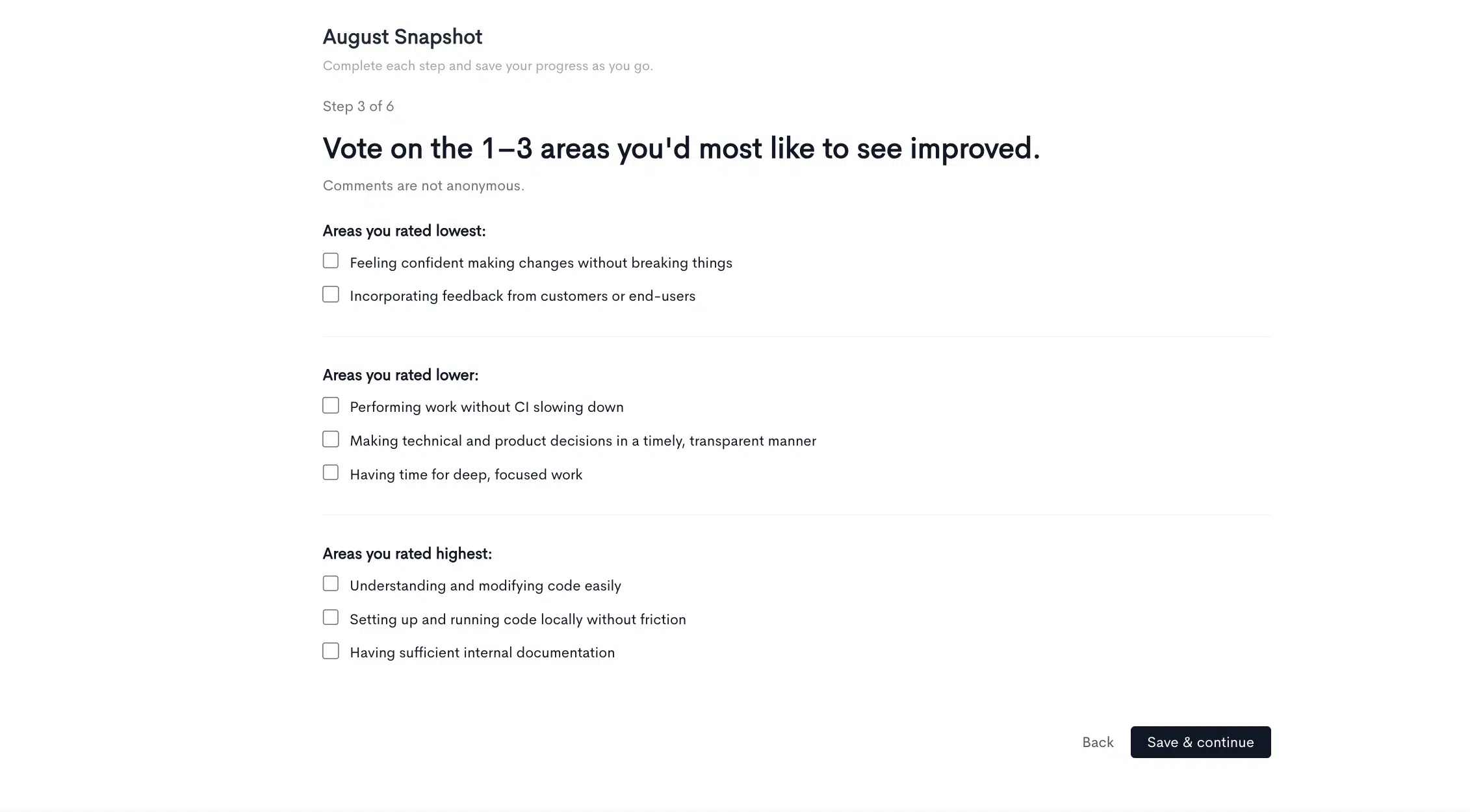 The voting step in the Snapshot survey asking engineers to pick 1 to 3 areas they would most like to see improved, grouped by how they rated each area