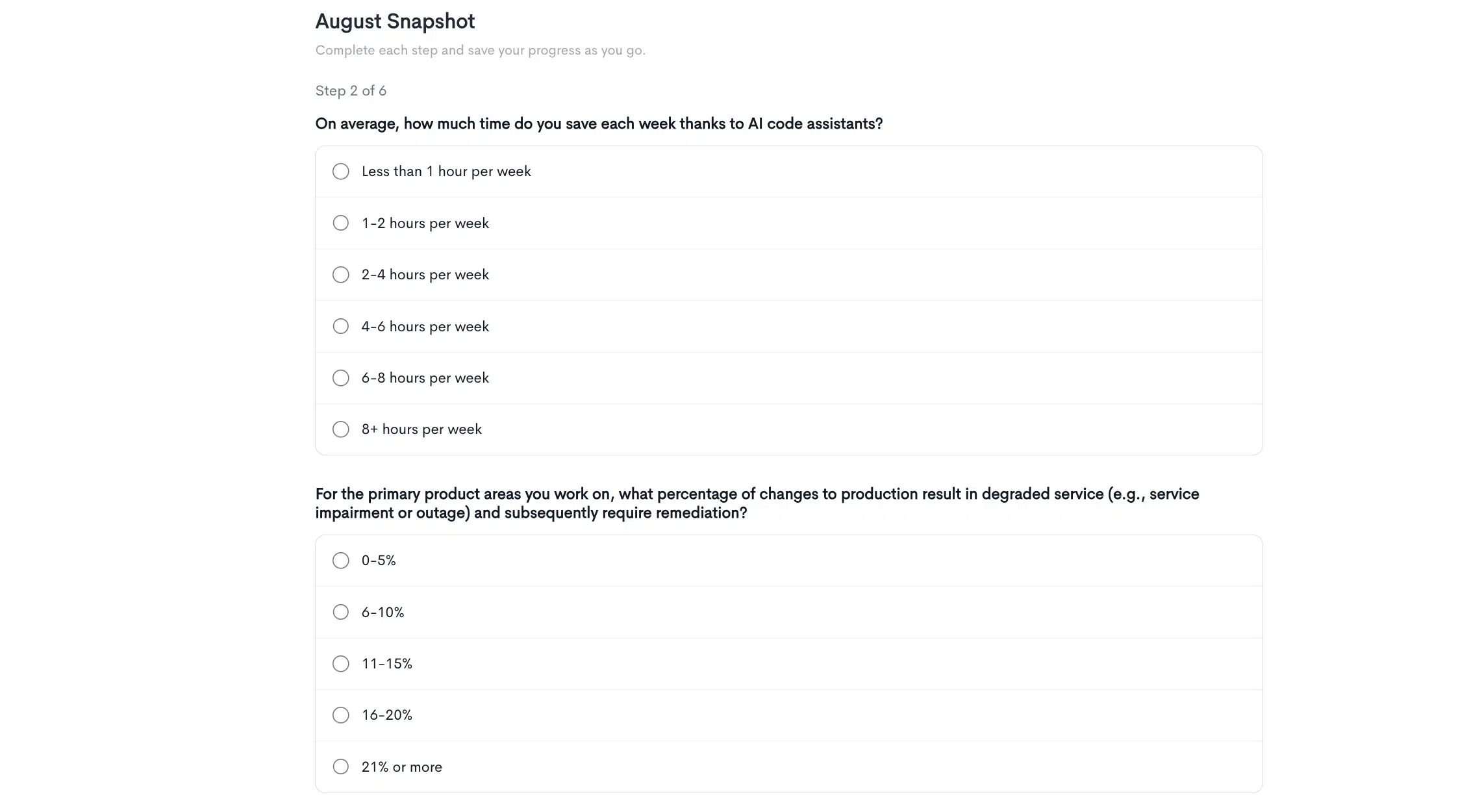 A workflow question in the Snapshot survey asking how much time engineers save each week thanks to AI code assistants, with answer buckets from less than 1 hour to 8+ hours per week